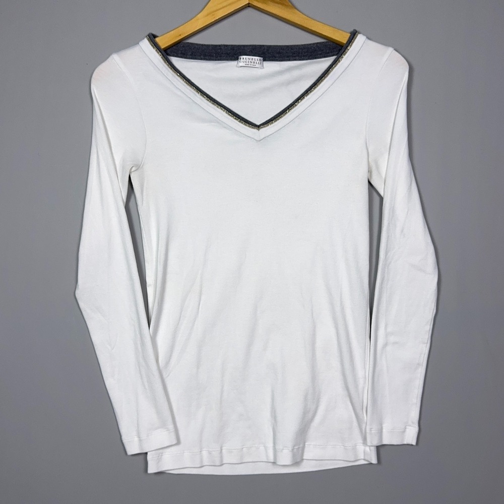 Brunello Cucinelli Monili V-Neck Long Sleeve  Shirt Womens Medium Cotton Italy